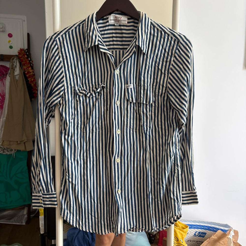 Vintage Guess Navy and White Striped Casual Shirt